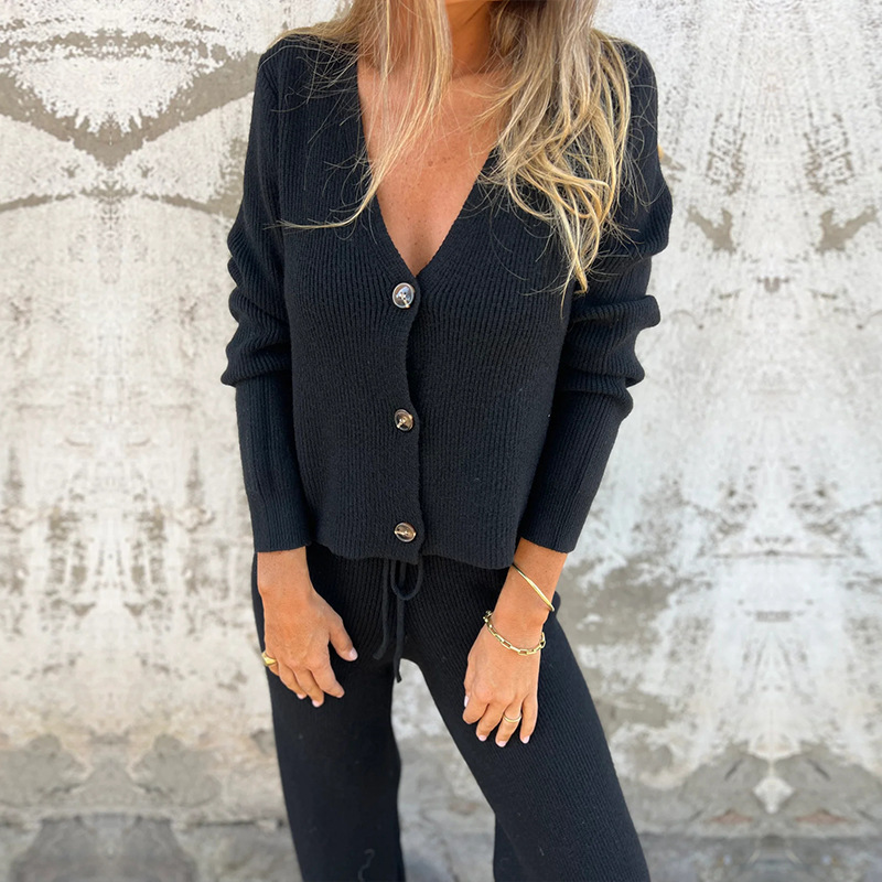 Women's Clothing casual sweater suit long sleeved button down V neck knitted cardigan drawstring trousers_voghion.com