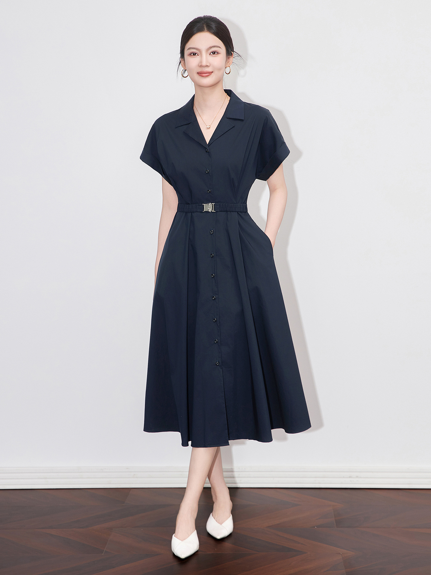 Đầm maxi nữ cổ bẻ thắt eo phong cách công sở mùa hè — Màu xanh navy
