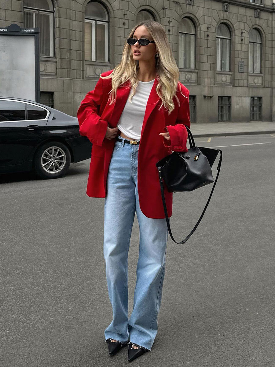 Saco Blazer con Hombreras para Mujer de Viscosa, Cuello Solapa y Bolsillos, para Verano