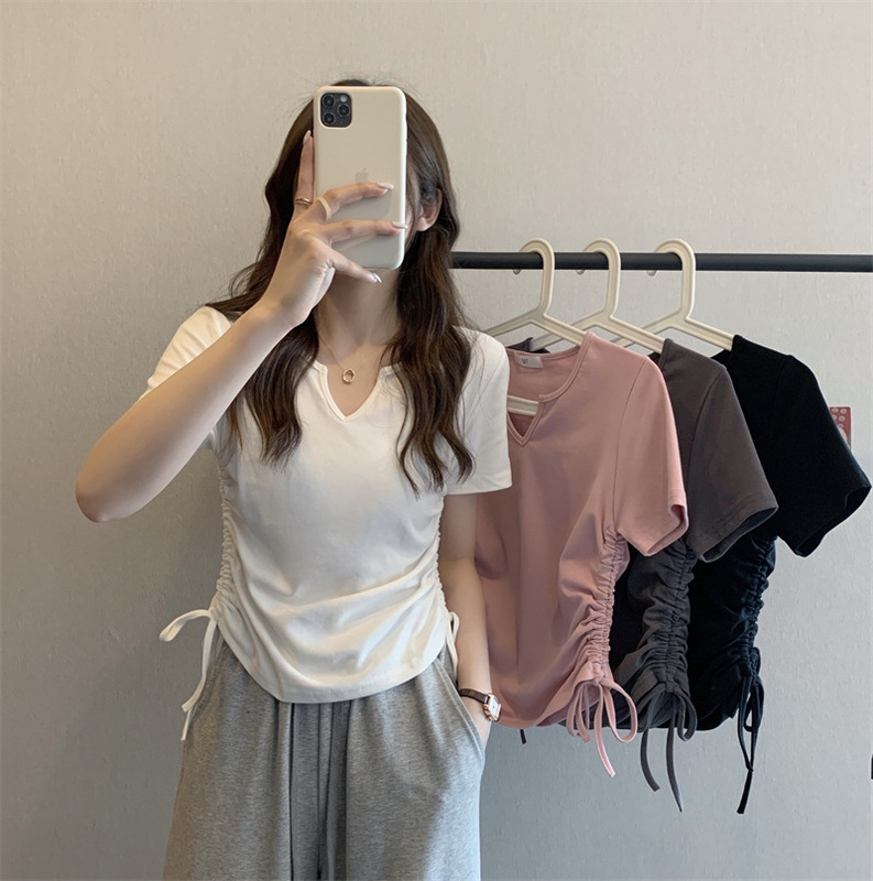 Designed V Neck Drawstring Slim Pure Lust Style Short-Sleeved T-Shirt Women's 2025 Summer New Pure Color Student Top Trendy Designed V Neck Drawstring Slim Pure Lust Style Short-Sleeved T-Shirt Women's 2025 Summer New Pure Color Student Top Trendy