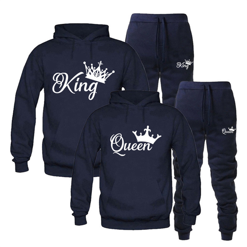 2025 Fashion Autumn Winter Sports Suit King or Queen Printed Couple 2 Piece Set Hoodie and Pants S-3Xl