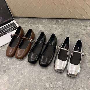 French Style Skirt Silver Round Toe Mary Jane Shoes for Women 2025 Spring New Evening Flats Flats with Straps