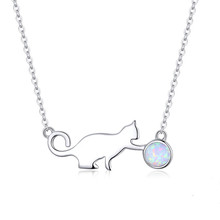 桐哲 925银澳宝项链 纯银电镀白金项链 小清新月光石猫咪项链