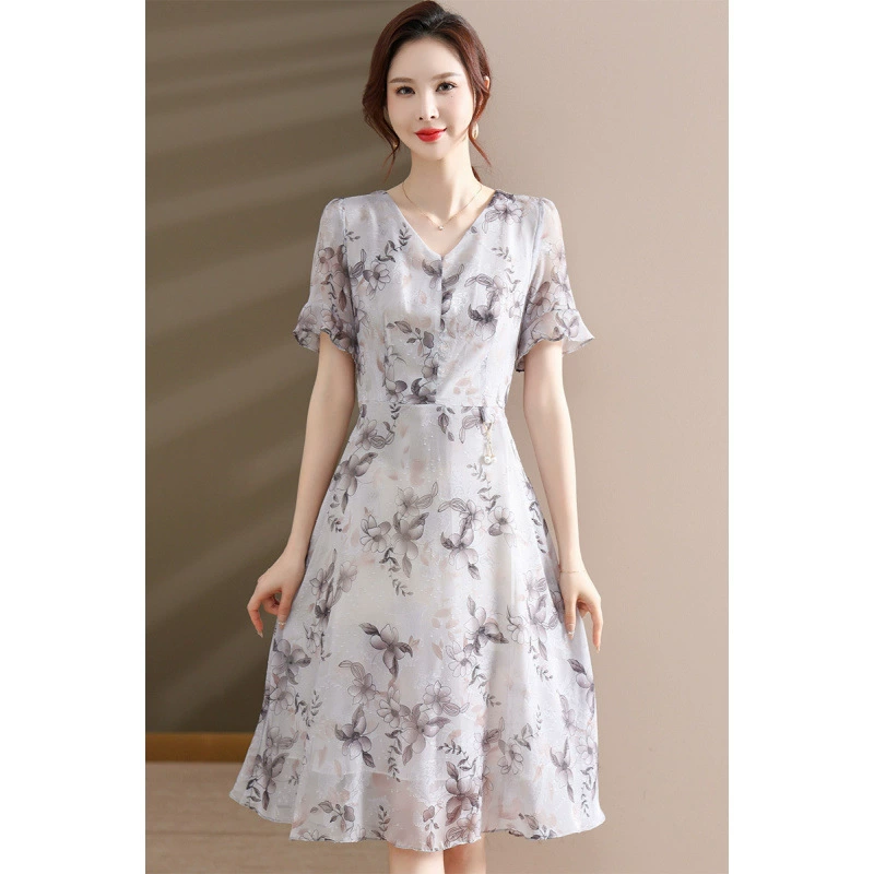 Летнее платье для мамы с v-образным вырезом и короткими рукавами, шифоновая юбка с принтом, элегантная женская юбка для похудения талии среднего и пожилого возраста