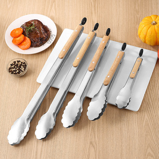 Stainless steel wooden handle food clip kitchen steak clip bread clip outdoor barbecue kitchenware household food clip