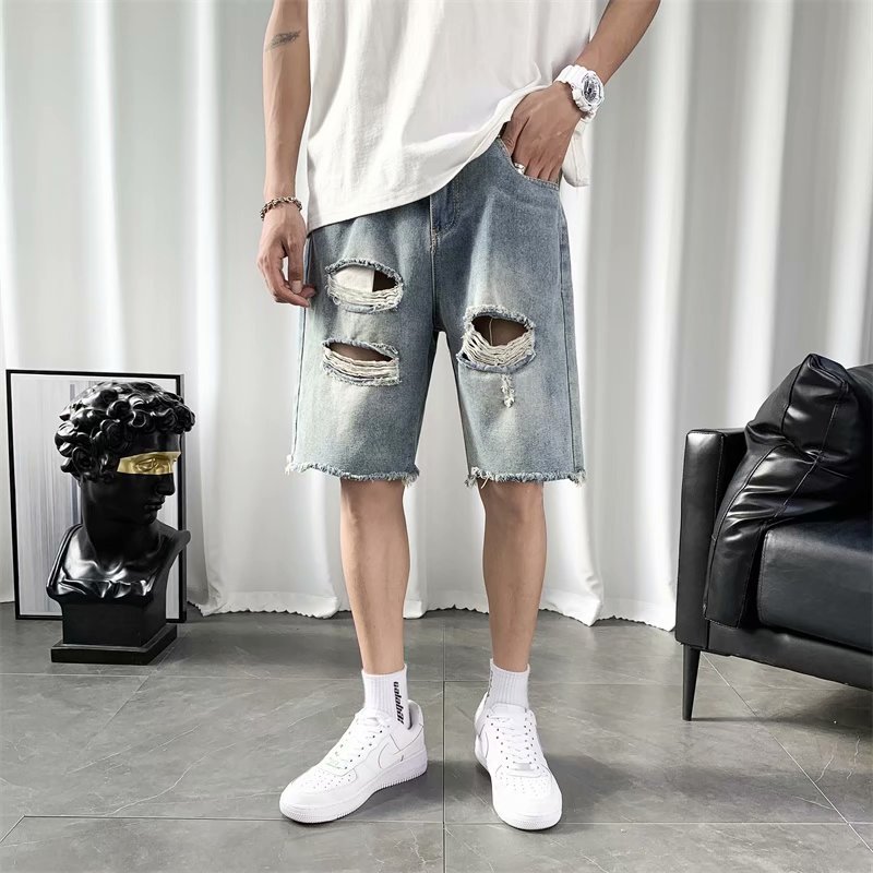 New American Retro Ripped Raw Edge Denim Mid-Pants for Boys Summer Loose Thin High Street Quarter Pants Dropshipping