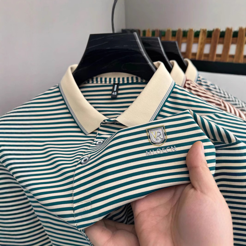 Cross-border men's 2025 summer new short-sleeved striped thin lapel loose breathable POLO shirt one-button hair generation Cross-border men's 2025 summer new short-sleeved striped thin lapel loose breathable POLO shirt one-button hair generation