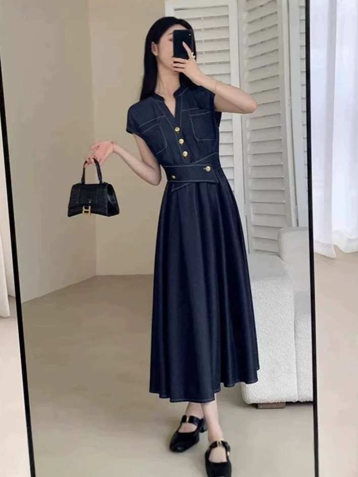Váy denim thời trang tay ngắn thắt eo tôn dáng — màu xanh đậm