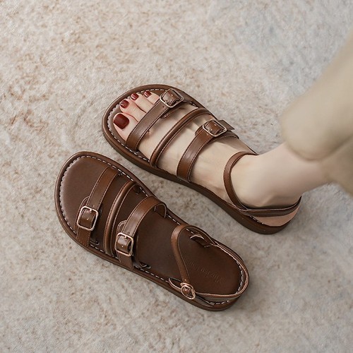 Roman flat buckle fashionable one-piece sandals for women, summer soft sole fine strap beach sandals