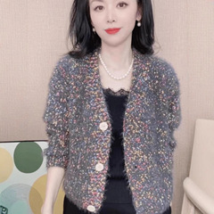 复古女时尚超好看花线彩色V领针织开衫甜美休闲宽松小香风外套