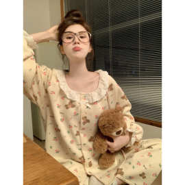 跨境专供韩版简约睡衣女士款秋冬夹棉加厚卡通小熊家居服长袖套装