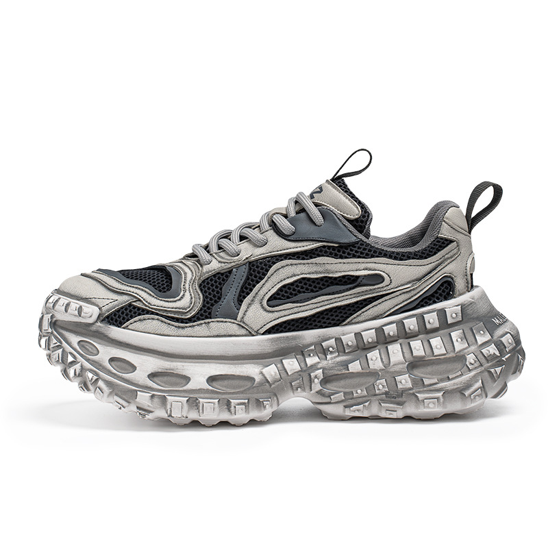 Zapatos de hombre, malla de primavera y verano, transpirable y versátil, deportes juveniles, correr, la parte inferior del neumático aumenta los zapatos casuales de moda de papá negro