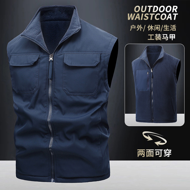 Primavera y otoño, uso de doble cara más chaleco de comercio exterior de terciopelo, chaleco de herramientas multibolsillo antisalpicaduras para exteriores para hombres, personalización avanzada