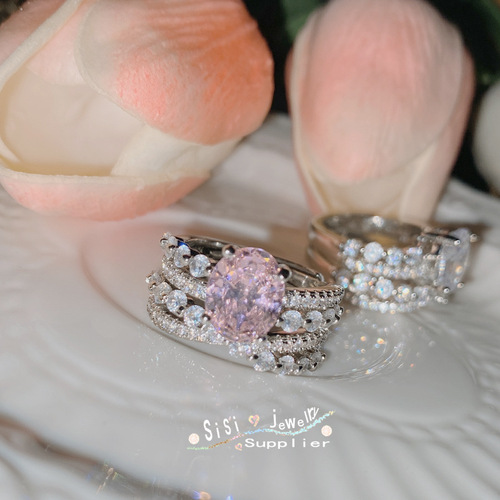 SIsi high-end small diamond stacking ring set for women, 18k micro-plated light luxury pink style niche design ring