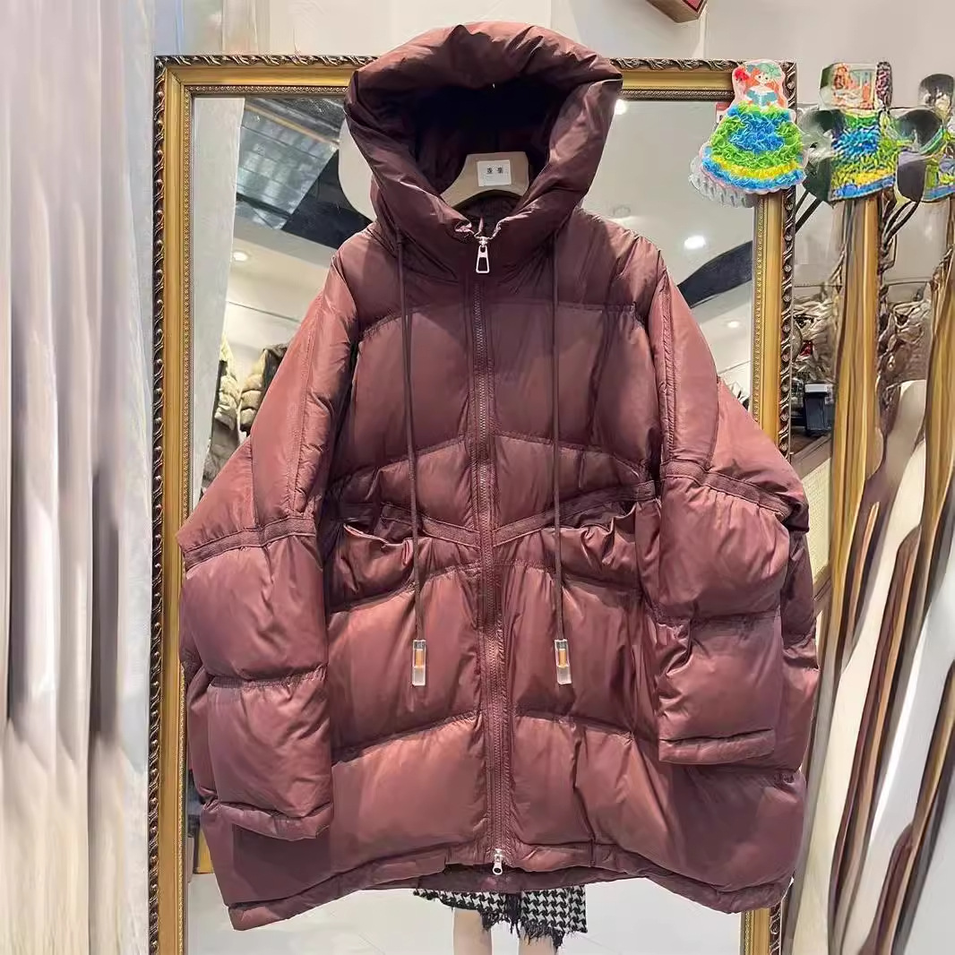 2025 Winter Loose Plus Size Bat Sleeve Hooded Casual down Jacket Cocoon-Shaped White Duck down Warm Thick Coat Trendy