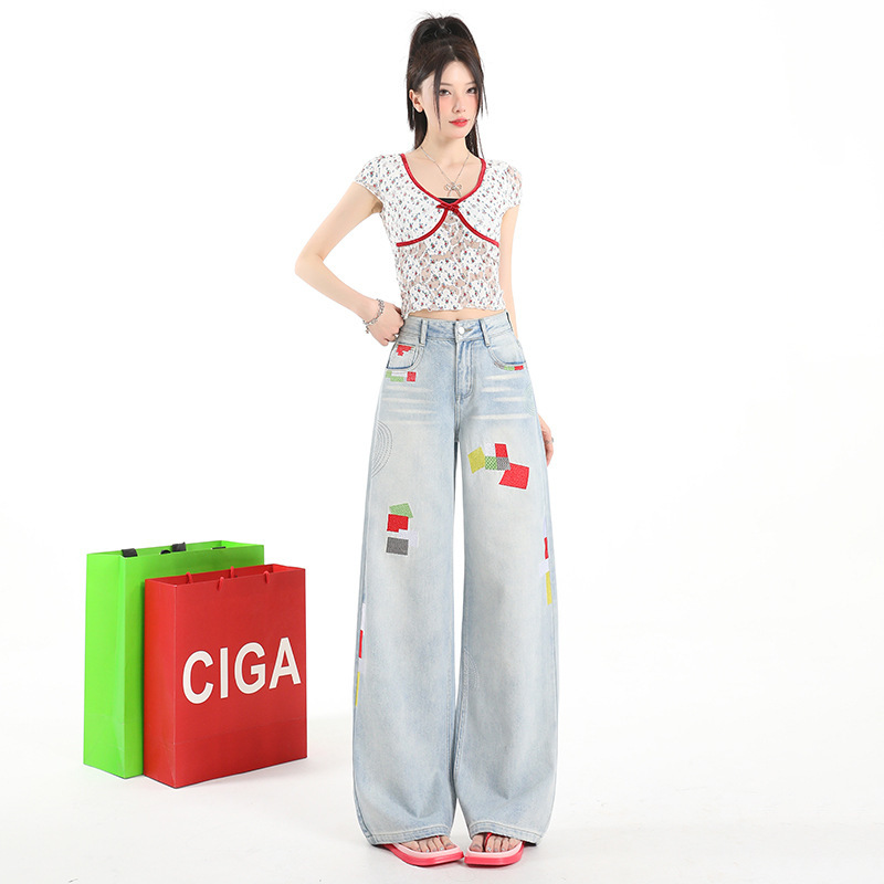 高腰阔腿牛仔裤女新款秋季美式港风设计感刺绣宽松显瘦直筒阔腿裤|undefined