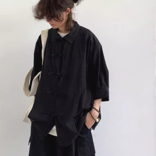 Summer V-Neck Youth Unisex Chinese Traditional Style Collar Shirt with Cantonese Style, Fashion Couple Minority Tangzhuang Outerwear