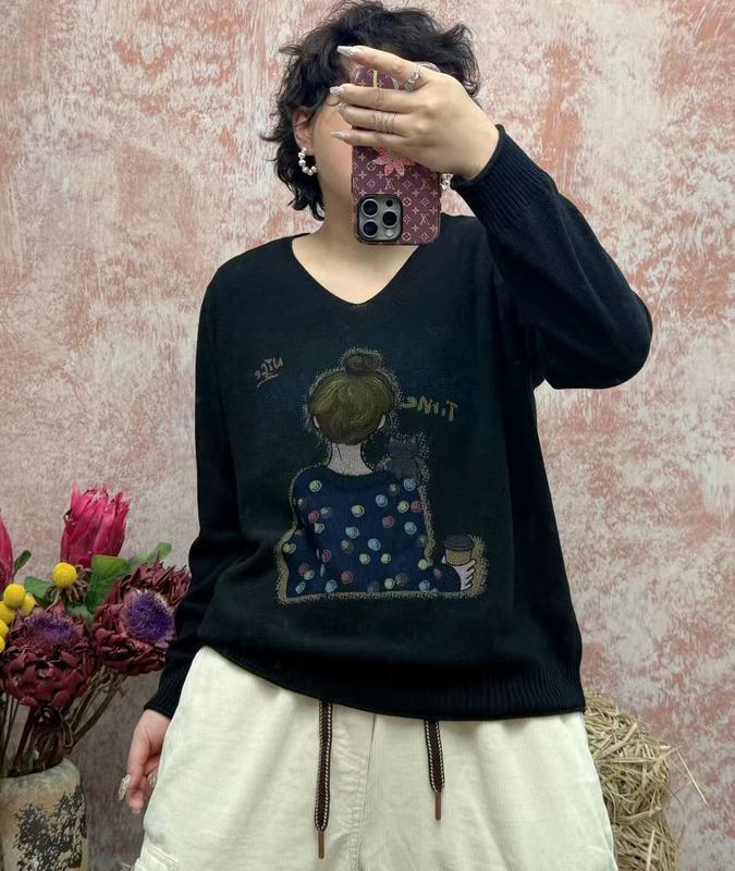 印花毛衣 2025秋季新款 V领套头针织衫女百搭宽松休闲上衣688125|undefined