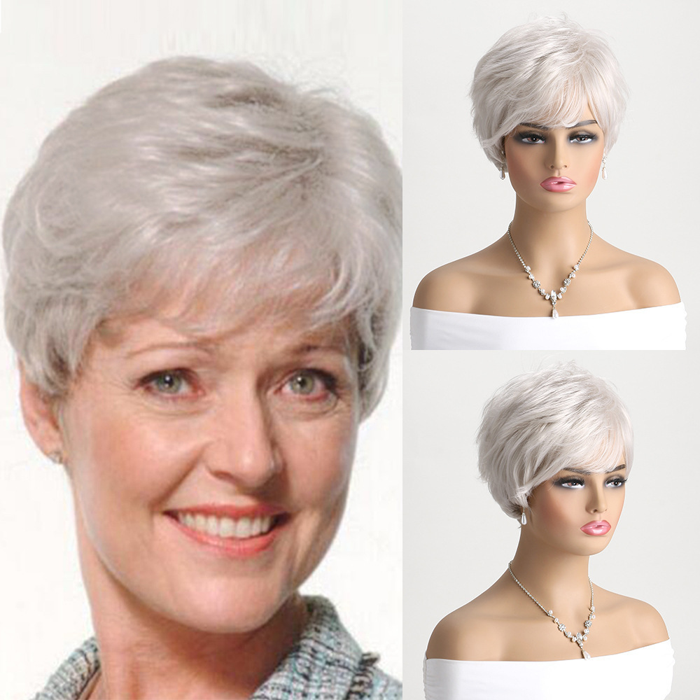 Comercio exterior Amazon AliExpress venta en caliente pelucas damas plata blanca mujer cabello corto inclinado franjas invertidas un cabello