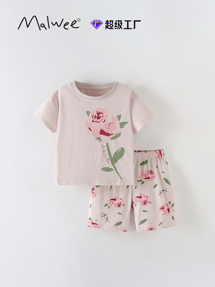 Transfronterizos para malwee niñas con un nuevo conjunto de verano europeo y americano para niños de mediana edad cuello redondo de manga corta de dos piezas