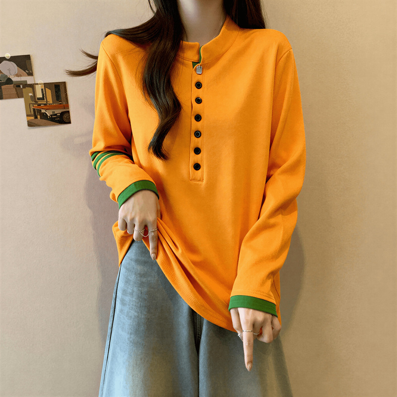 Half-Open Collar Color-Blocked Thickened Thermal Base Shirt for Women, Early Spring Plus-Size Long-Sleeve T-Shirt for Slimming Effect Half-Open Collar Color-Blocked Thickened Thermal Base Shirt for Women, Early Spring Plus-Size Long-Sleeve T-Shirt for Slimming Effect