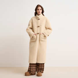 2025秋冬新款韩系慵懒风复古牛角扣立领长款毛毛外套皮毛一体大衣