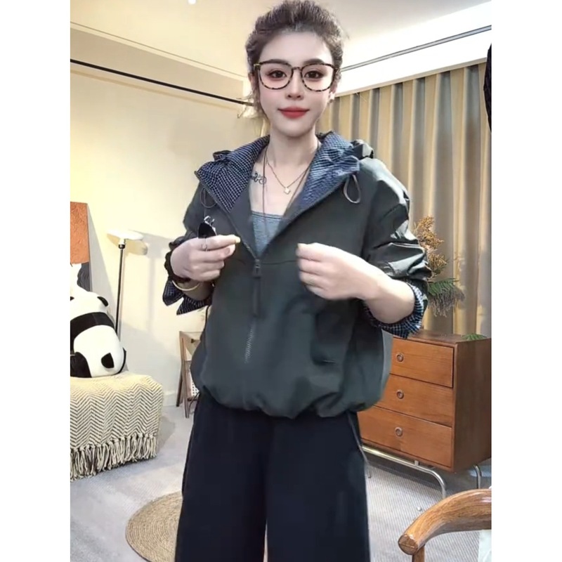 格子拼接连帽冲锋衣短外套女2025秋季韩系设计感休闲百搭夹克上衣|undefined