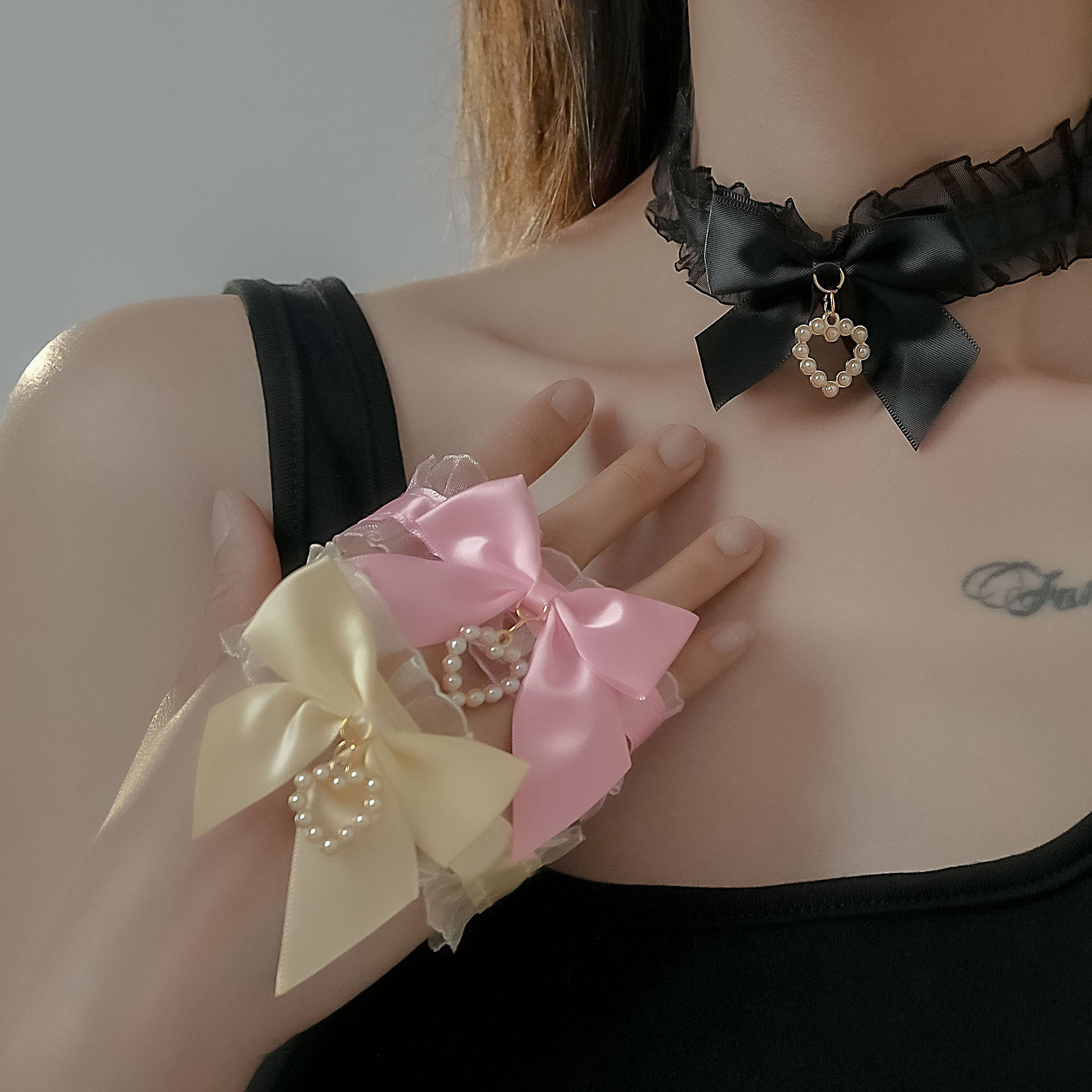 Puro deseo estilo joyería dulce Lolita perla amor colgante arco collar gargantilla clavícula cadena Collar para las mujeres