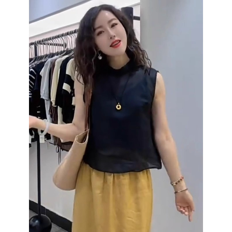 法式无袖衬衫上衣女士2025年夏季新款宽松高级感苎麻小衫衬衣女装|undefined