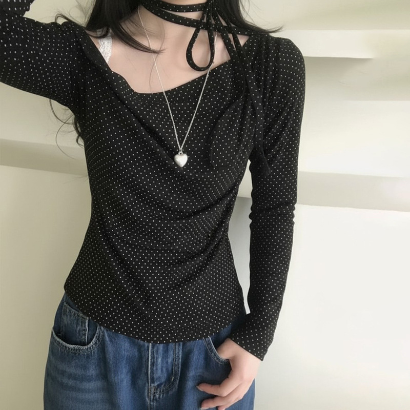 欧美新款女装ins风甜美少女波点露肩修身长袖T恤绑带设计休闲上衣|undefined