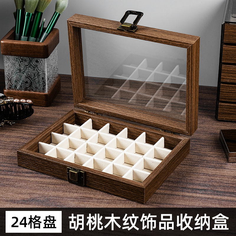 Retro Walnut Grain Jewelry Box, Large Capacity, See-Through Single-Layer Storage, Light Luxury Compartmentalized Storage Jewelry Box with Lid