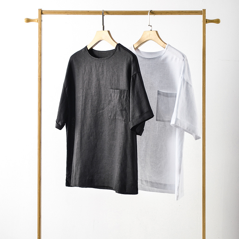 2024 nuevos hombres de lino cuello redondo Camiseta suelta Lino manga corta simple casual fresco verano Top F003