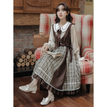 学院风法式复古娃娃领格纹拼接假两件洛丽塔连衣裙女2025秋冬新款