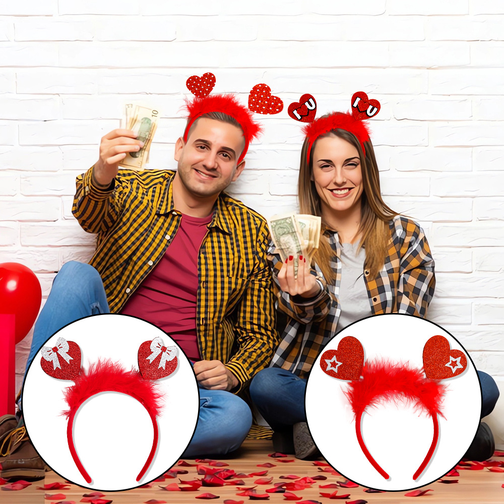 Nuevo estilo transfronterizo Día de San Valentín Diadema Hebilla Arreglo de ambiente romántico Decoración de fiesta de boda Diadema de amor de plumas
