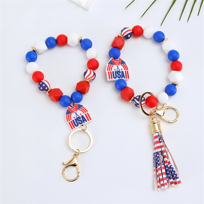 Foreign Trade Hot Selling DIY American Independence Day Silicone Beads American Flag Cartoon Sling Beaded Creative Key Chain Ring
