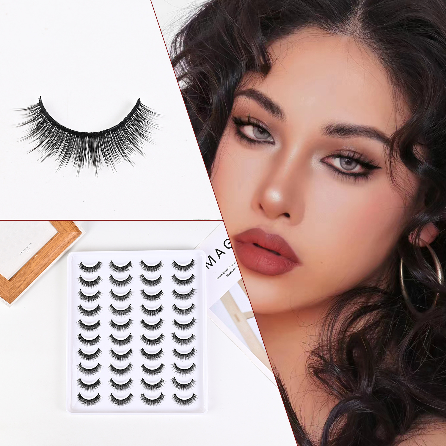 Conjuntos de caja transfronterizos de una sola pieza de pestañas falsas naturales gruesas y delgadas, 20 pares de cabello suave flojo.