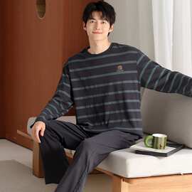 【L-4XL】春秋新款纯棉男士长袖长裤套头睡衣印花休闲男家居服
