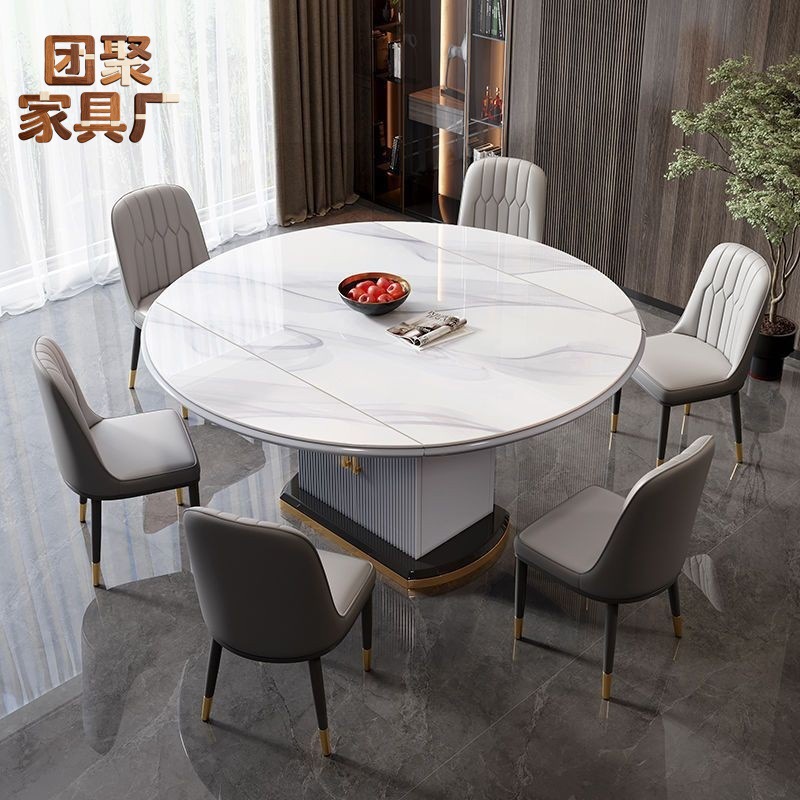Modern Minimalist Extendable and Foldable Dining Table and Chair Set with Storage Cabinet for Small Households, Featuring a Rock Slab Surface and Convertible into a Round Table