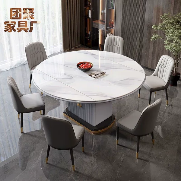 Modern Minimalist Extendable and Foldable Dining Table and Chair Set with Storage Cabinet for Small Households, Featuring a Rock Slab Surface and Convertible into a Round Table