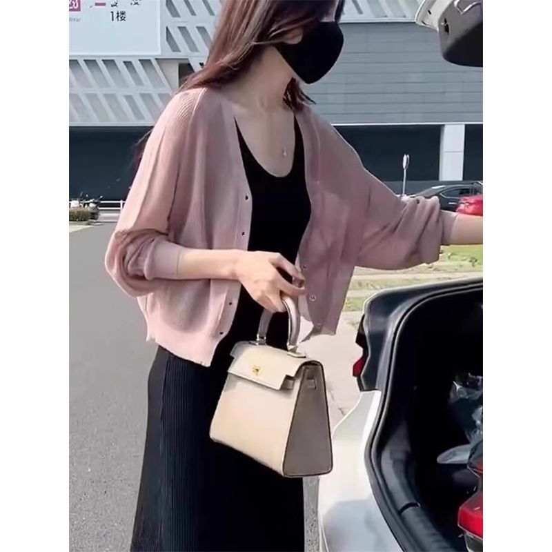 Ice Silk Knitted Cardigan Women's Summer 2024 New Style Outer Wear Thin Skirt with Suspender Shawl Top Loose Short Jacket