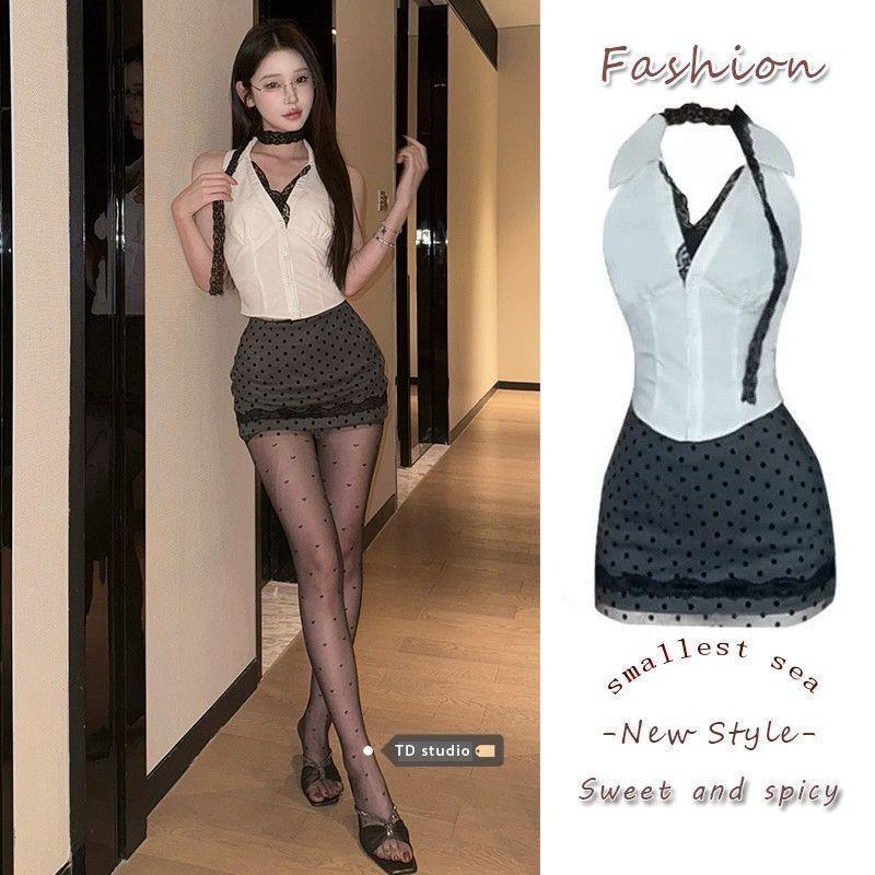 Purely Sexy Lace Splicing White Sleeveless Shirt Polka Dot Hip-Hugging Short Skirt Two-Piece Set for Women Summer Hot Girl Outfit Purely Sexy Lace Splicing White Sleeveless Shirt Polka Dot Hip-Hugging Short Skirt Two-Piece Set for Women Summer Hot Girl Outfit