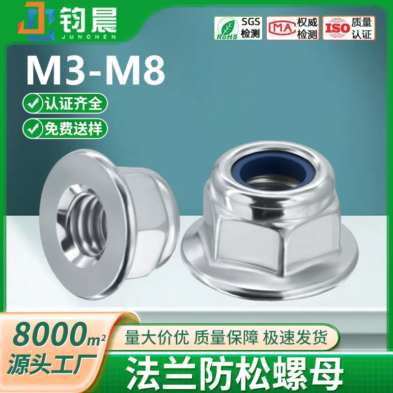 防松螺母带齿加大加厚螺丝帽碳钢铁镀白锌防滑法兰六角m3m4m5m6m