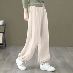 2025 春夏の新スタイルの女性のファッショナブルな肉をカバーするシンプルなスポーツカジュアルパンツ弾性ウエストルーズコットンとリネンのレギンス
