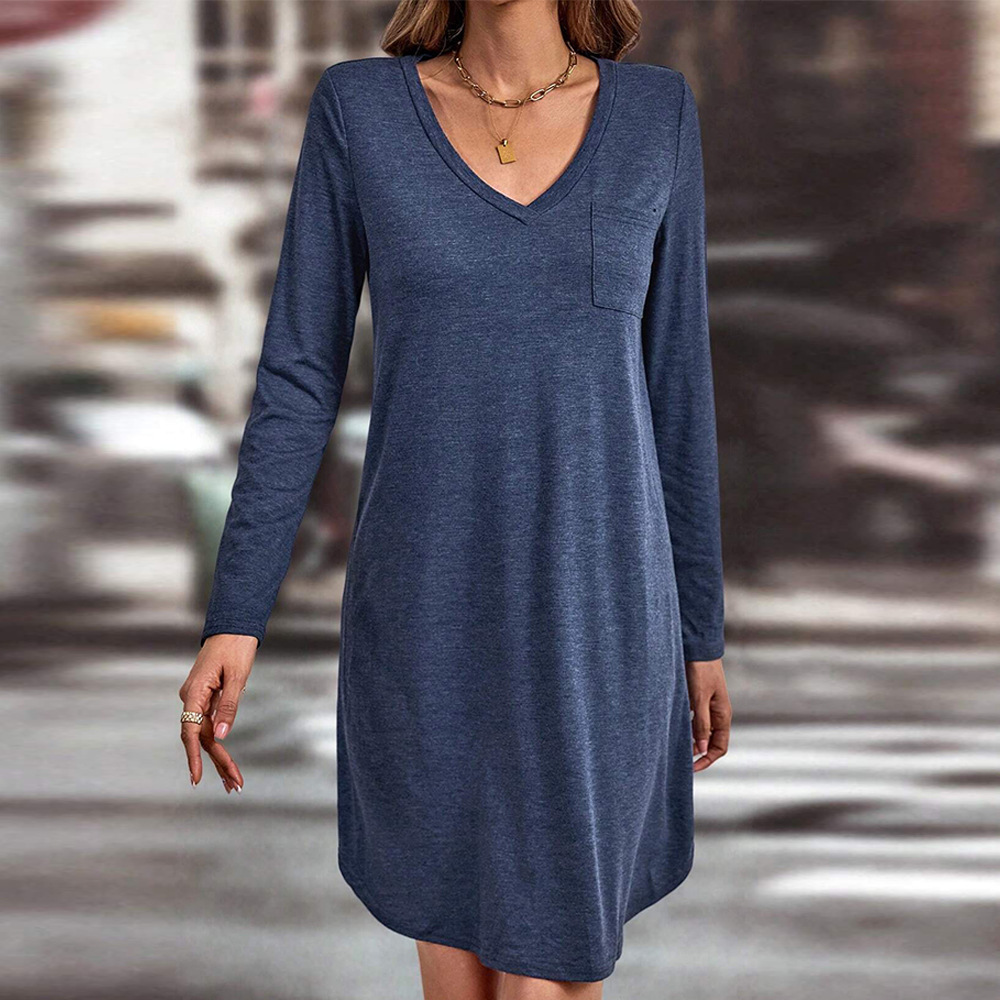Autumn Winter Popular Women Clothing Loose Casual V neck Solid Color Long Sleeve Dress