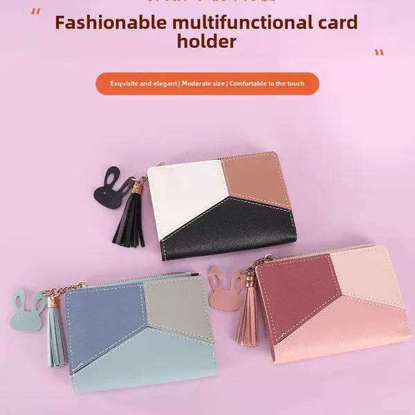 Women's Wallet, Short Style, Korean Version, Popular Fashion Zipper Wallet, Color-Blocking Student Coin Purse, Women's Card Holder