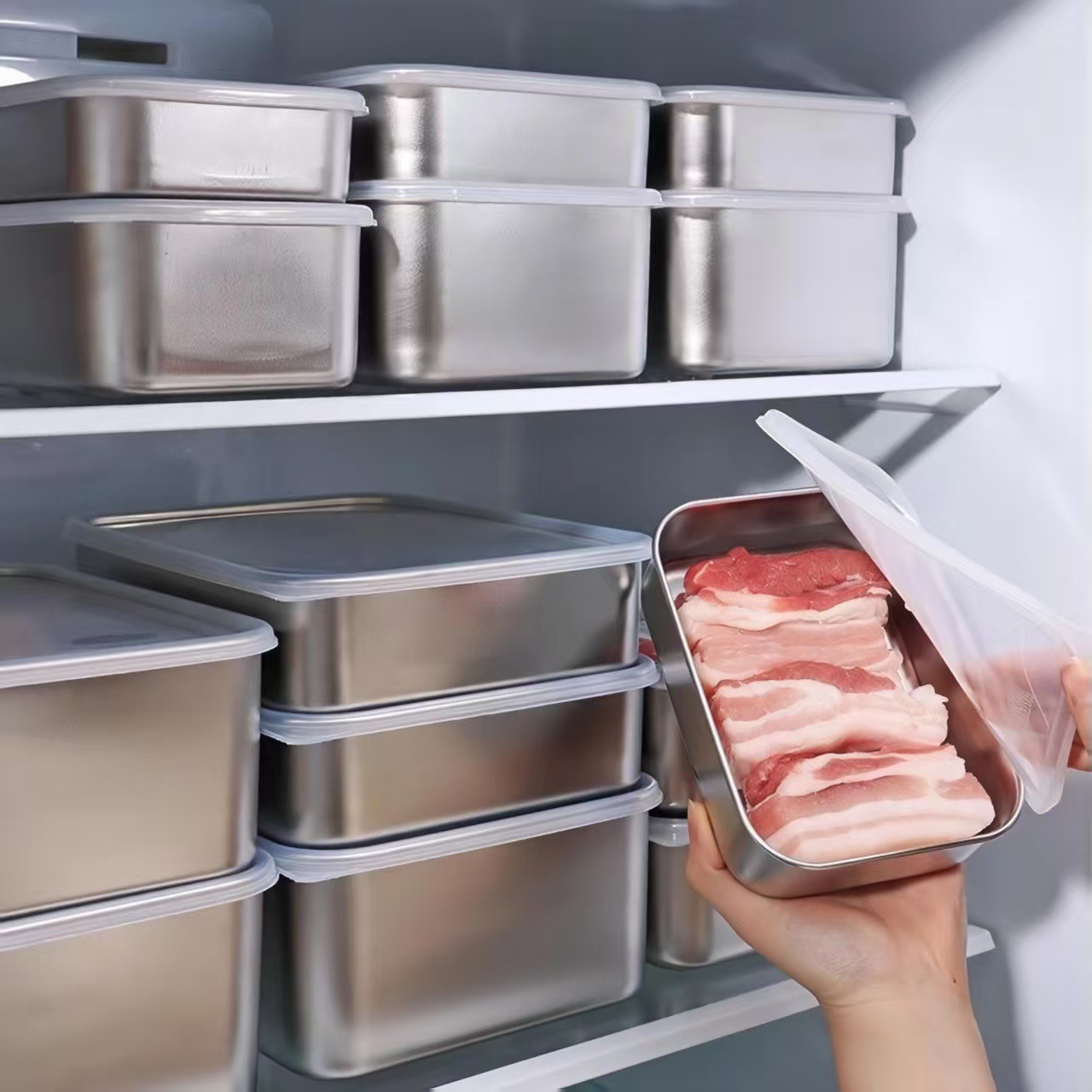 保鲜盒商用冷藏盒带盖家用冰箱收纳盒不锈钢长方形密封便当冷藏盒