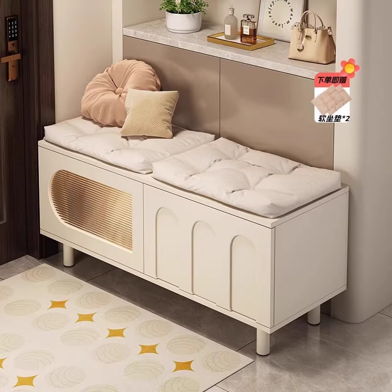 Taburete de cambio de zapatos doméstico crema de viento pequeño tipo de casa se puede sentar en el armario de zapatos puerta de entrada taburete de asiento integrado taburete largo