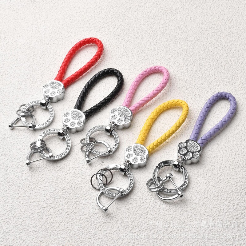 Bear Paw Car Keychain Diamond Cat Claw Key Rope Braided Pendant Metal Key Jewelry Factory Direct Sale