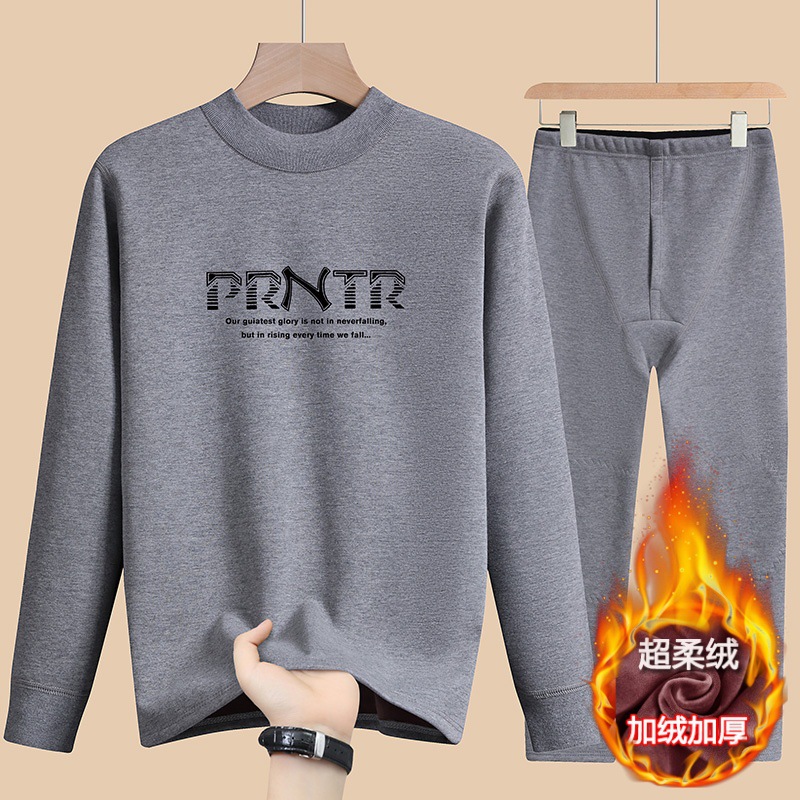 Winter Thermal Underwear Set for Men, Fleece-Lined, Thickened, Cold-Resistant, High-Neck, Premium Feel, Slim Fit, Printed Thermal Tops and Bottoms, Sleepwear