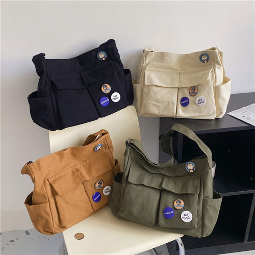 Workwear style single-shoulder crossbody bag for men and women, Instagram canvas bag, student school bag, street style large capacity, literary and leisure bag